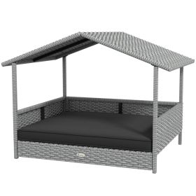 Wicker Dog House Outdoor with Canopy, Rattan Dog Bed with Water-resistant Cushion, Raised Pet Bed for Small, Medium Breeds up to 66 lbs, 20" in Length